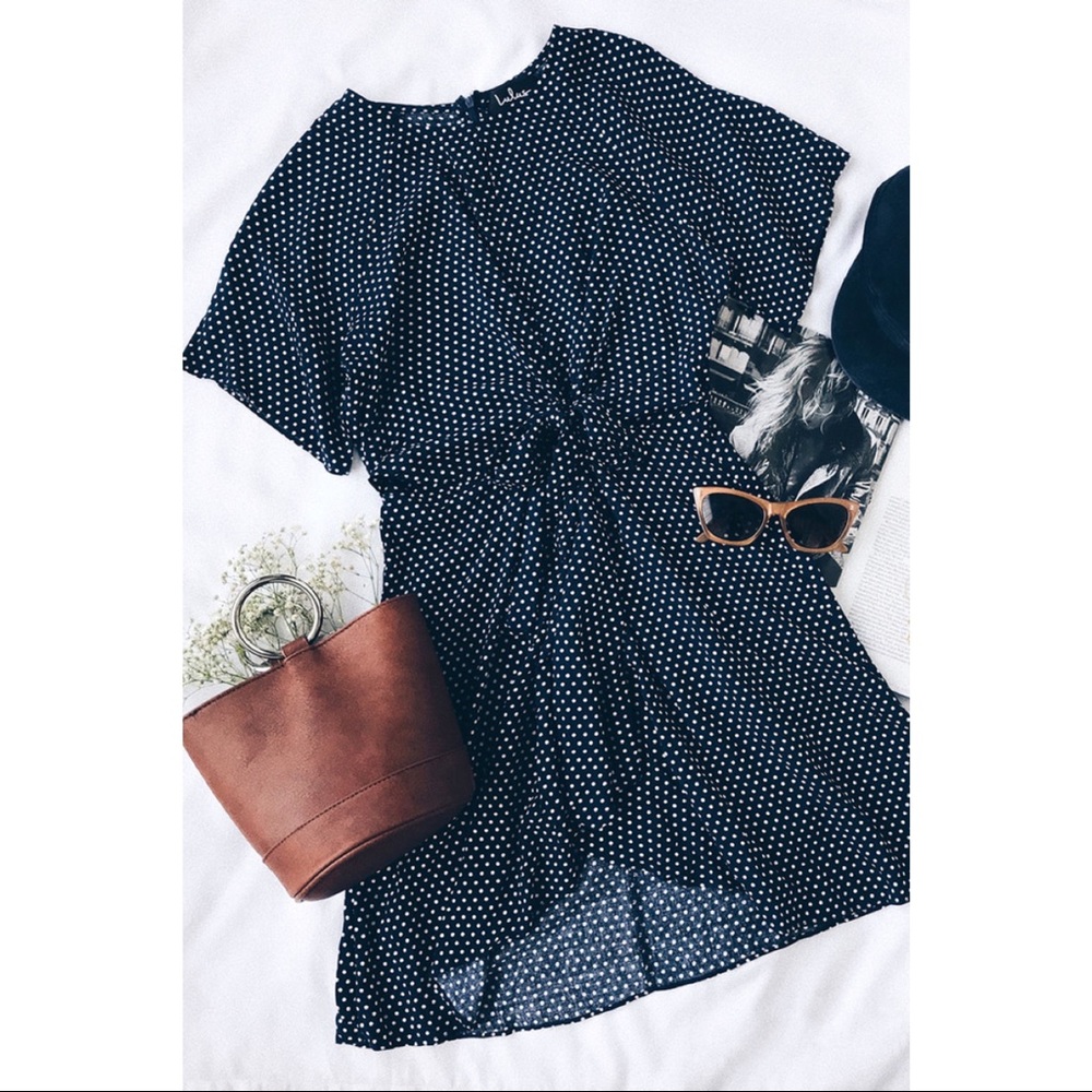 Lulus “Darling Details” Navy Blue Polka Dot Dress